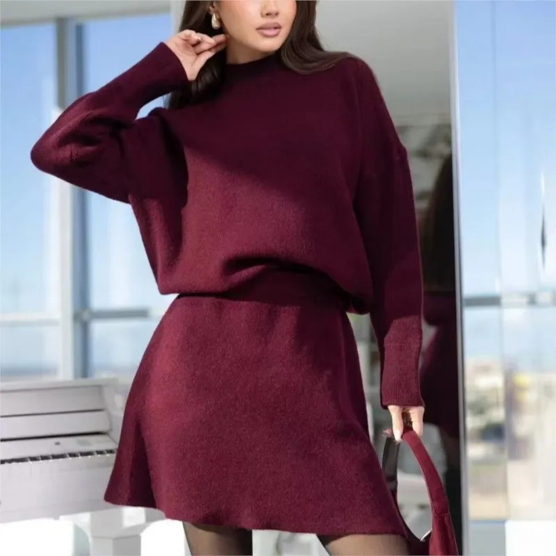 Loose 2 Pieces Set For Woman Package Hip Two Piece Outfits Mini Skirt Solid Color Sweater Knitted Half-high Collar Long Sleeves