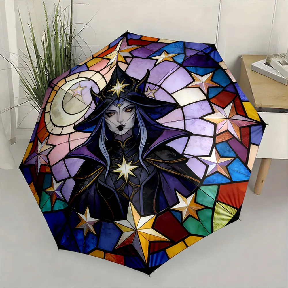1PC Enchanting Wizardry: Stained Glass Umbrella Design Print 8 Iron Ribs Folding Umbrella Auto-Open Fashion Sunshade