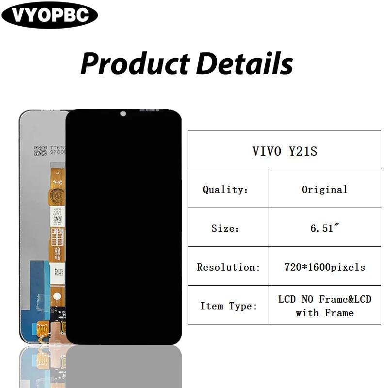 Original LCD Display For VIVO Y21S Touch Screen With Frame Panel Digitizer Assembly Repair Replacement Parts V2110