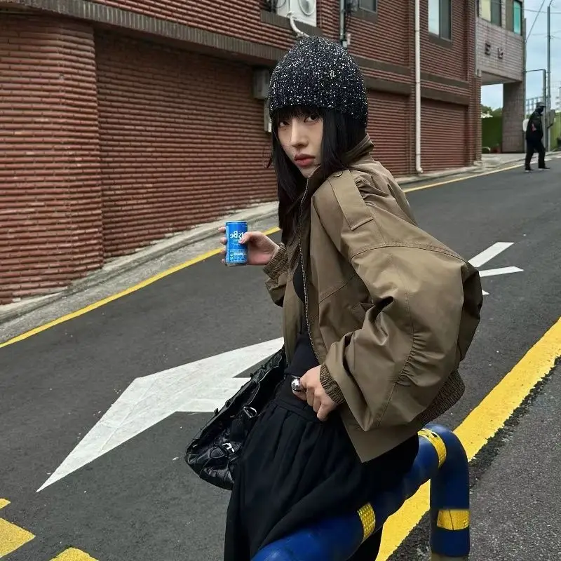 

Американская мода, короткая рабочая одежда в стиле ретро, пальто с воротником-стойкой для женщин, осень 202, новая свободная дизайнерская куртка, топ