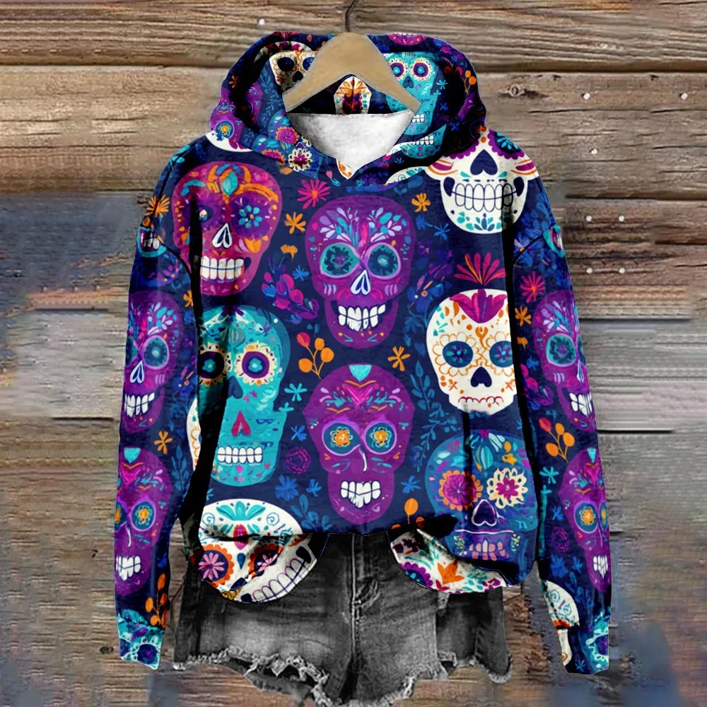 سويت شيرت نسائي بغطاء للرأس ثلاثي الأبعاد للهالوين مع طباعة رأس جمجمة للاستخدام اليومي والمتعة في الهواء الطلق #6