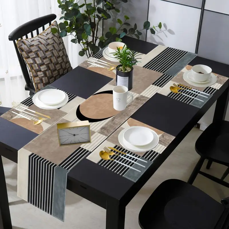Retro Earth Color Geometric Table Runner Placemats Set Waterproof Non Slip Kitchen Dining Table Mat