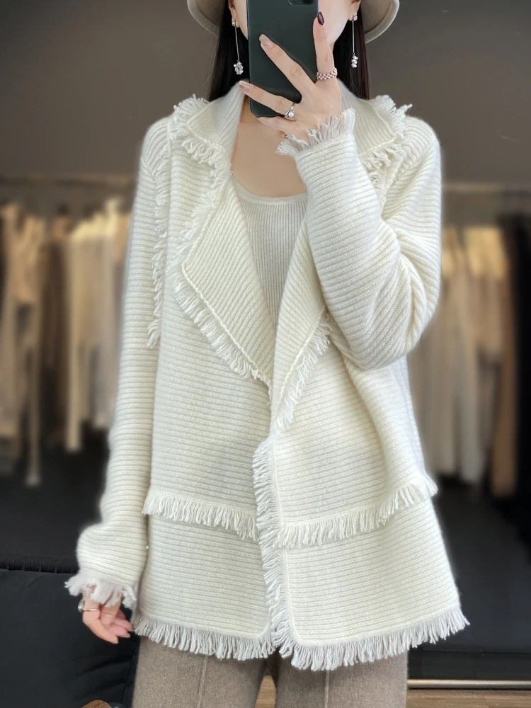 100% Merino Wool Women\'s Clothing Autumn and Winter New Knitted Cardigan Casual Loose Fitting Suit Collar Jacket Fashion Korean