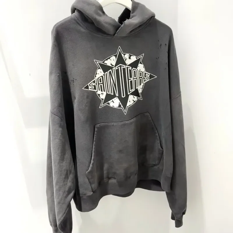 Winter Vinatge Saint Hoodie Kangaroo Pocket Casual Letter Print Distressed Washed Black Hooded Sweatshirt Men Women Streetwear