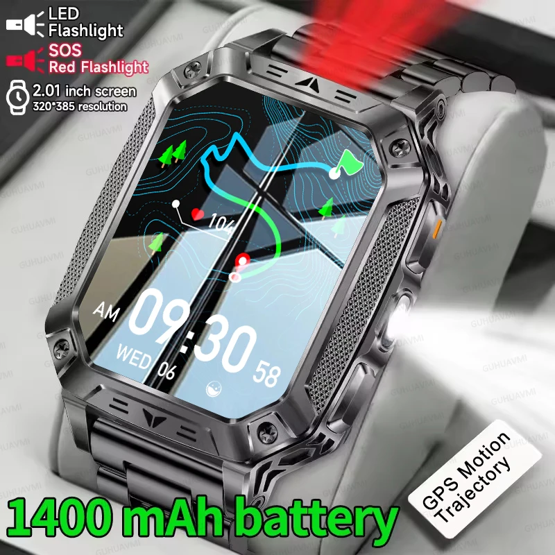 2026 Outdoors Durable GPS Men Sports Smart Watch 2.01” 1400mAh Battery LED Flashlight  Waterproof Bluetooth Call Military Watch