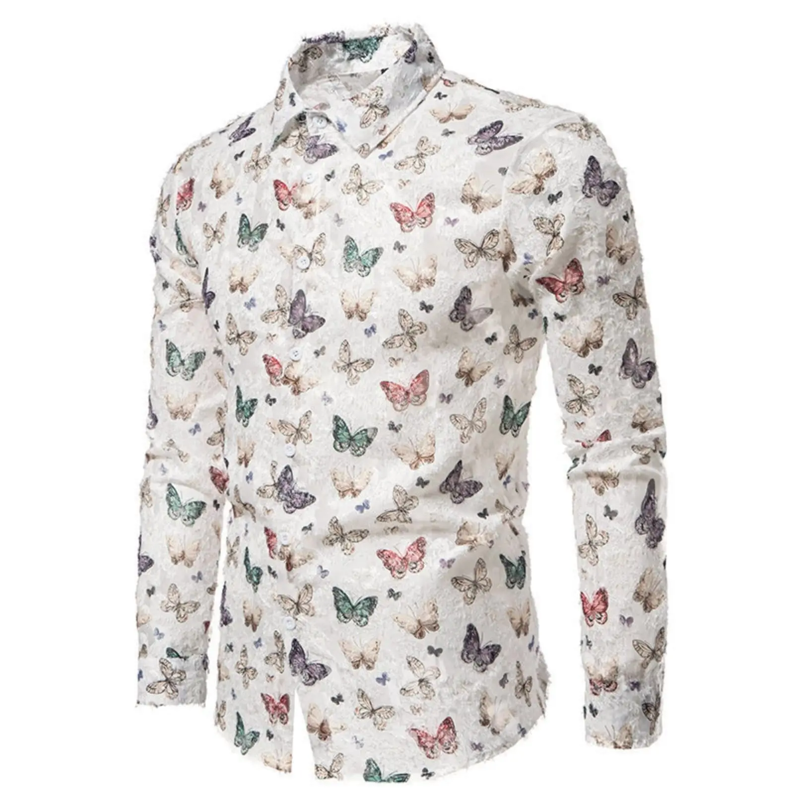 2025 New Fashion All-match Butterfly Print Men\'s Long Sleeve Shirt Casual Party Street Hawaiian Polo Collar Shirt Polyester
