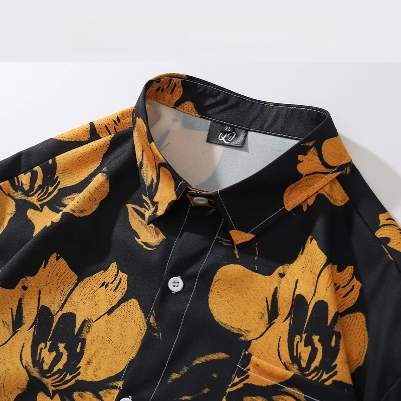 Travel Issuance Retro Oil Painting Flower Print Short Sleeve Loose Hip Hop Shirt Versatile Summer Casual Male Shirt