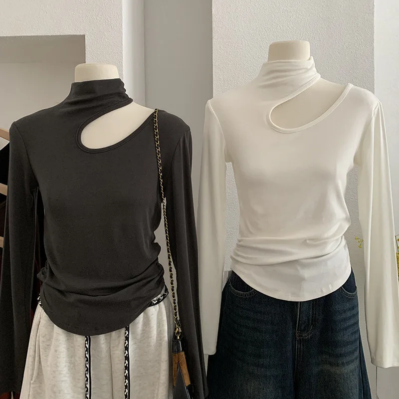 

Semi-high Collar Hollow out Sexy Long Sve Base irt Women's Slim Fit Inner Wear Spring Autumn New Sle Baring Clavicle Top