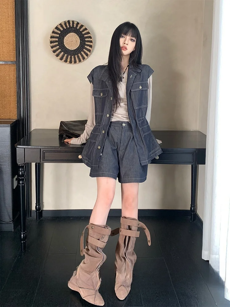 

Retro Workwear Denim Vest Jacket Women Summer Top Bottom Set High Waist Loose Shorts Two Piece Set Fashionable Casual Outfit