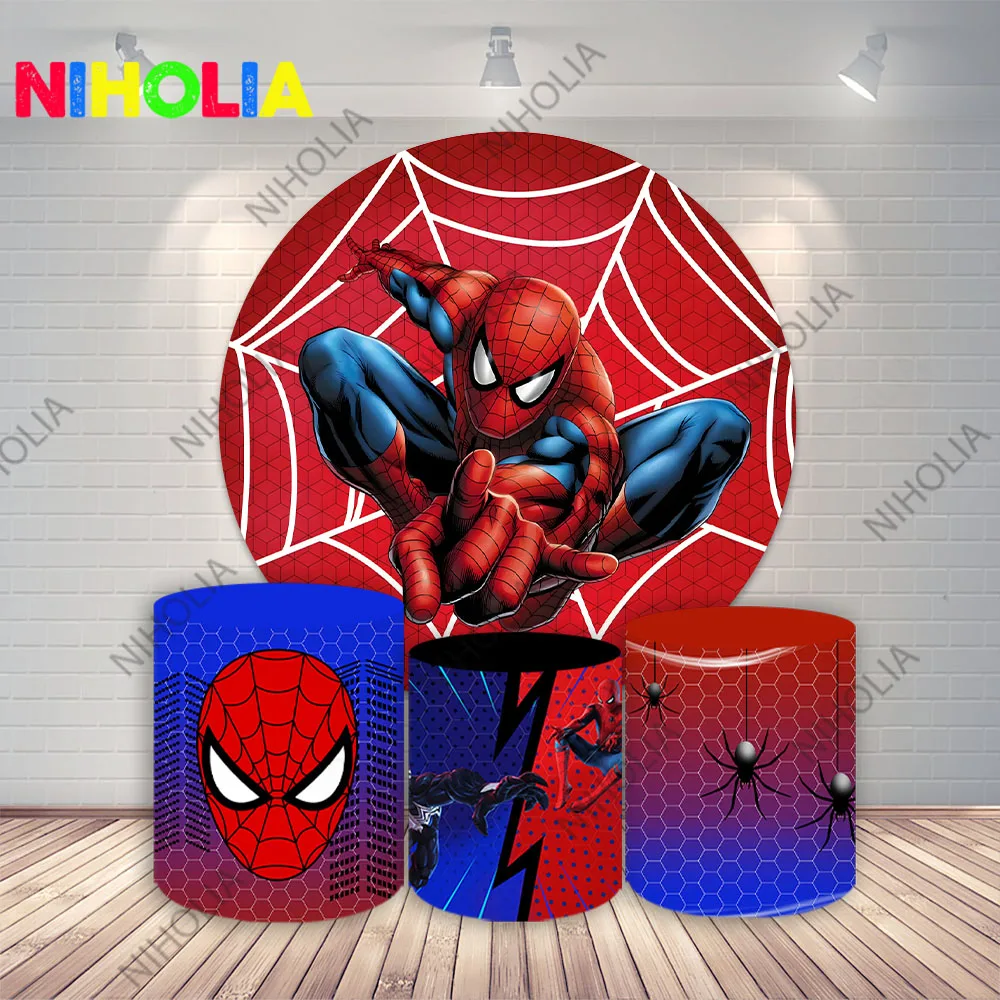 

Round Backdrop Cover Spiderman Superhero Boys Birthday Party Decoration Baby Shower Cartoon Cylinder Covers Photo Props