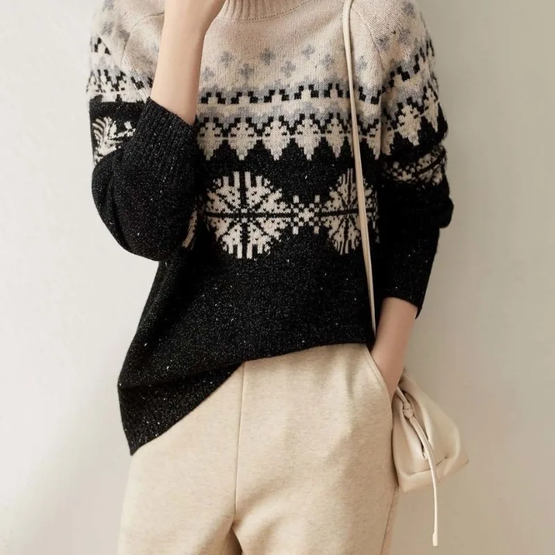 

Color Blocked High Neck Long Sleeved Sweater For Women, Autumn And Winter Vintage Jacquard Needle Loose Base Sweater E11571