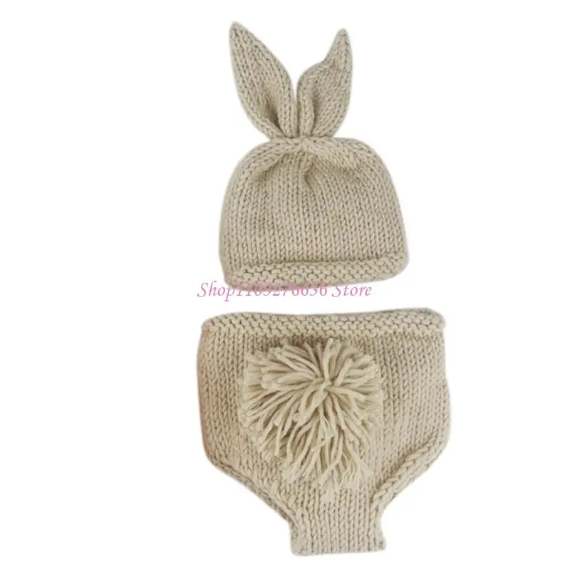 R6FD 2 Pcs Baby Pant Knitted Hat Set Newborn Photography Props Knitted Wool Baby Cap