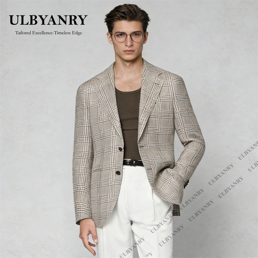 

ULBYANRY Dapper Two Piece Suit for Men, Modern Plaid Single Breasted Jacket with White Pants, Smart Casual Sport Coat Pantsuit