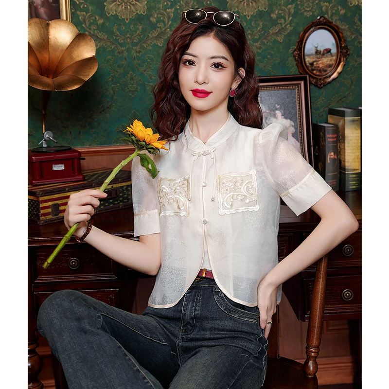 Fashion Short Sleeve Women Shirt Embroidery Stand Collar Chiffon Shirt Blouse Women Tops Blusas Mujer De Moda 2024 Verano H648