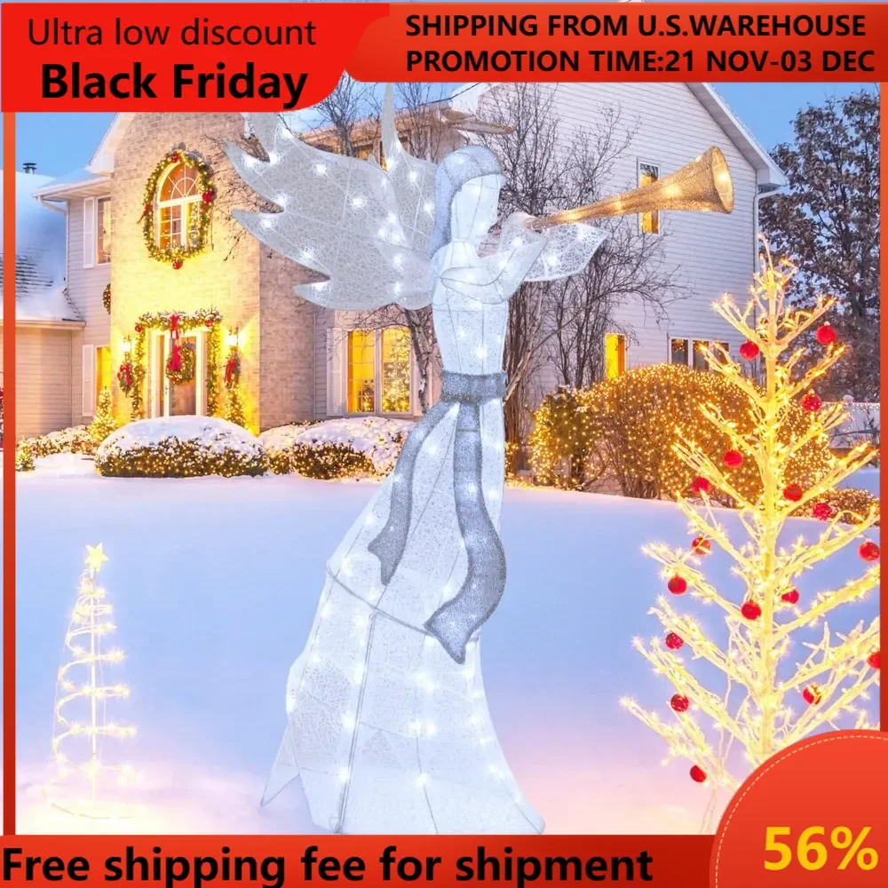 

5 FT Christmas Lighted Angel with Trumpet, Outdoor Xmas Pre-Lit Angel with Halo, Wings & 100 LED Lights, Ground Stakes