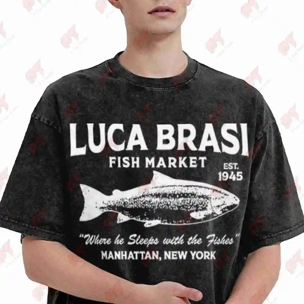 Luca Brasi Fish Market The Godfather Est 1945 Fishing Vintage Washed Tee Pure Cotton T-Shirt