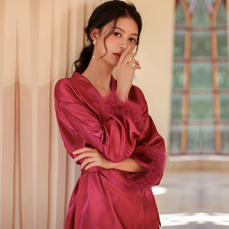 

Wedding Pajamas Women Ice Silk Bridesmaid Morning Gown SpringSummer Long Sleeve Cardigan Feather Home Fur