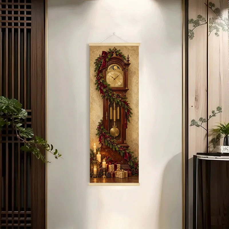 Ornate Clocks and Botanical Details Hanging Scroll with Golden Accents in a Rich Vintage Illustration for a Reading Nook