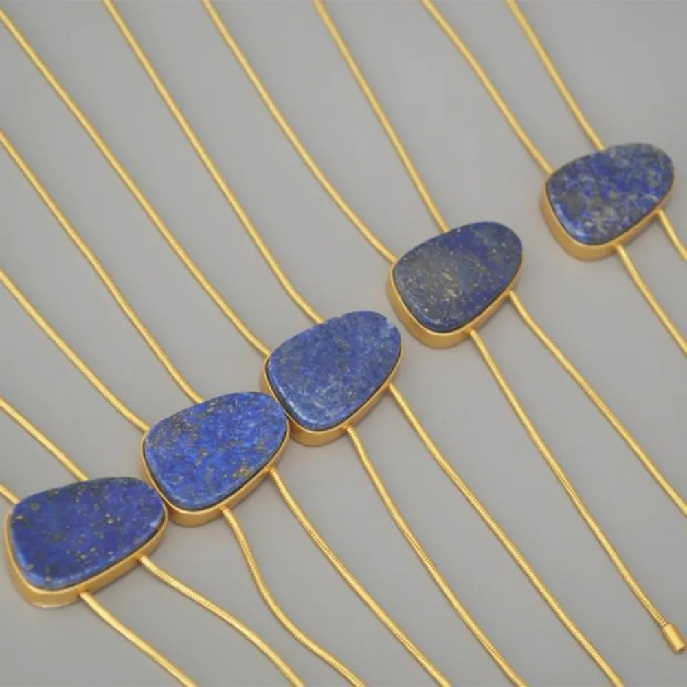 Statement Retro Brass Gold-plated Simple Geometric Stone Lapis Lazuli Long Necklace Sweater Chain Length Adjustable for Women