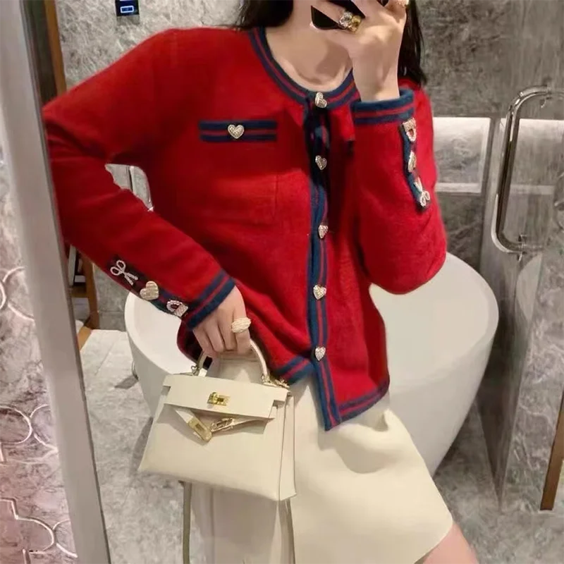 Women Cardigan Coat Slim Fit Slimming Elegant Fashion Heart Shaped Button Color Blocking Design Long Sleeve Casual Cardigan Coat