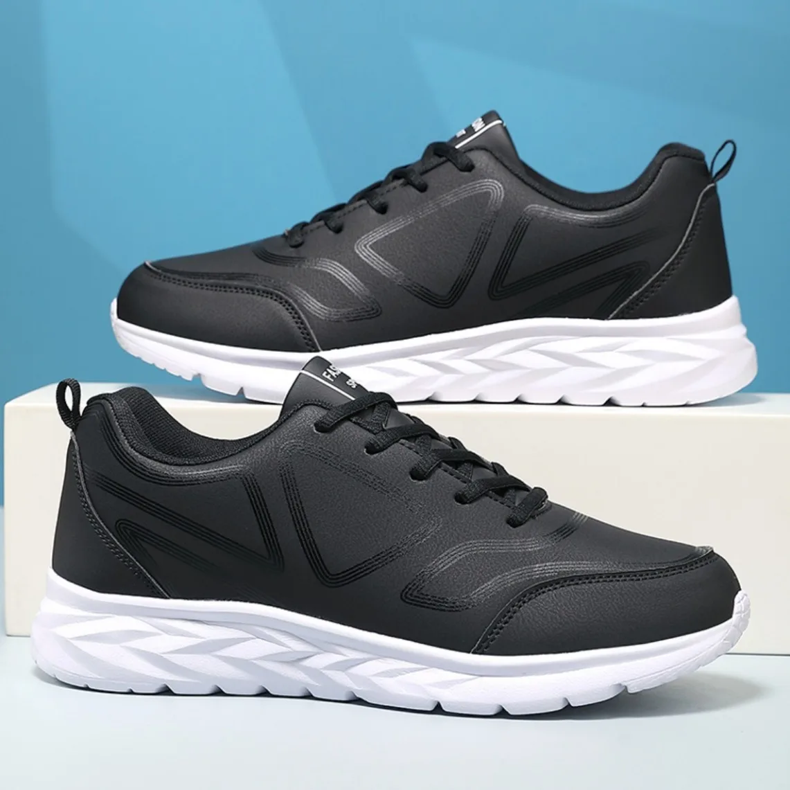 Men Leather Sneakers Spring Autumn Water Resistant Lightweight Soft Sole Casual Walking Sports Shoes Classic Black