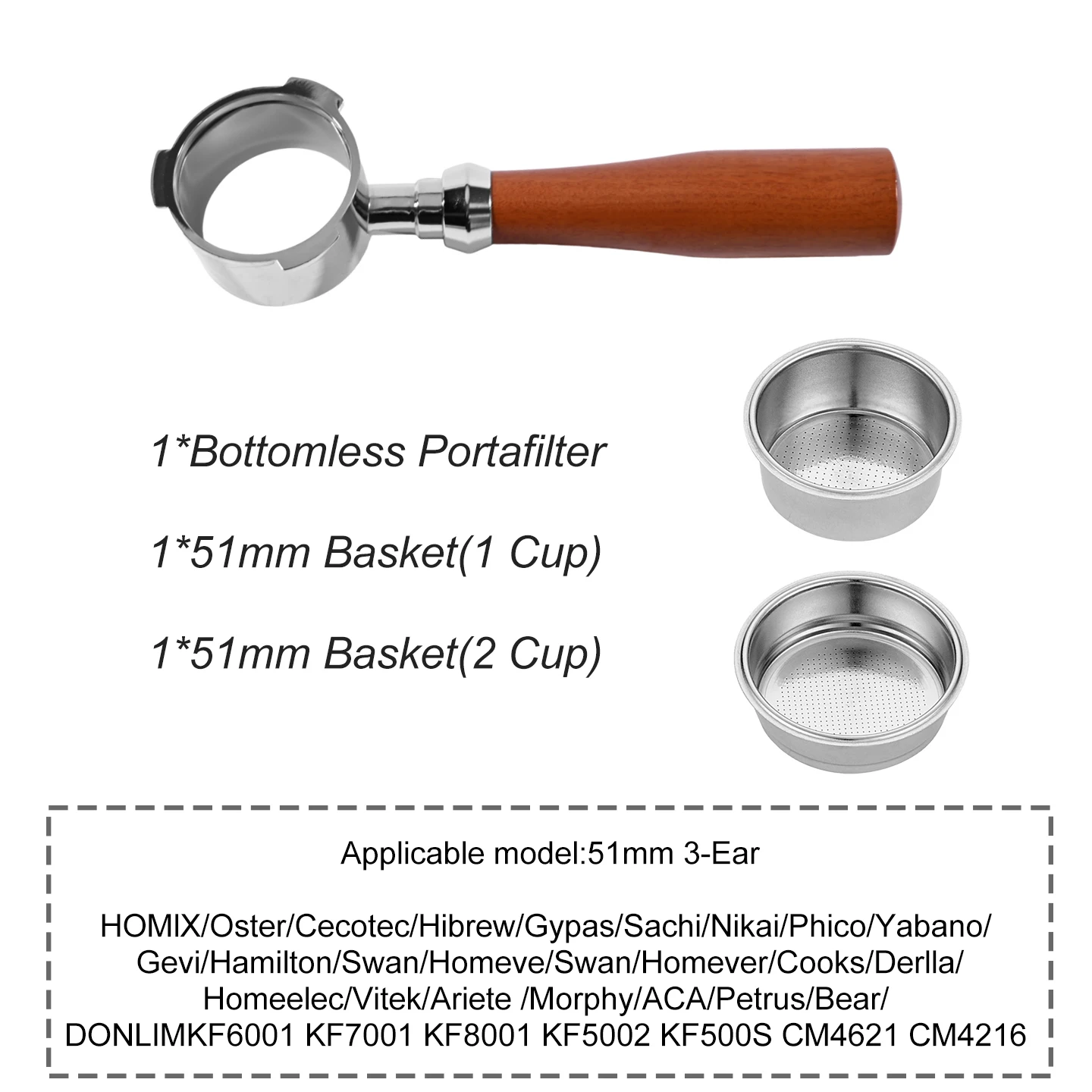 Kaffee-Siebträger ohne Boden, 51 mm, für Homix H11 Oster Cecotec Hibrew 1 2Cup, Ersatzfilterkorb, Espresso-Maschinen-Zubehör