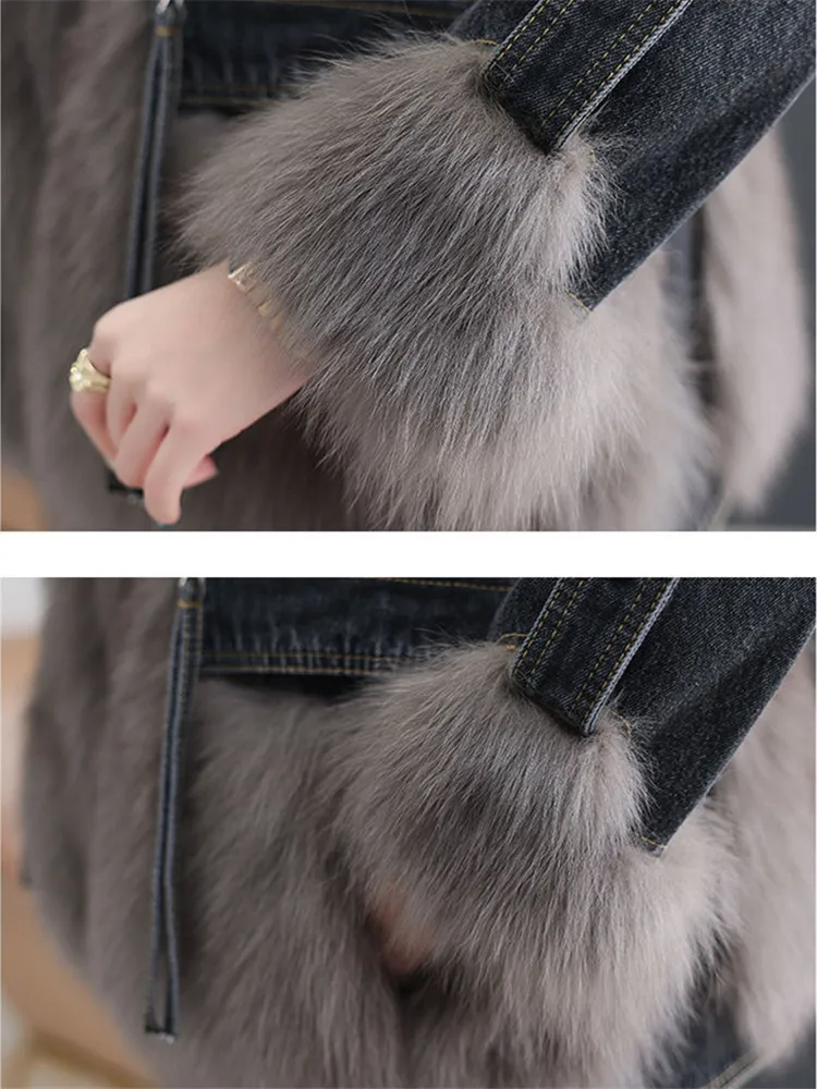 Denim Patchwork Faux Fur Women\'s Jackets Fashion Zipper Design Thick Short Parka Coat Streetwear Winter Chaquetas Para Mujeres