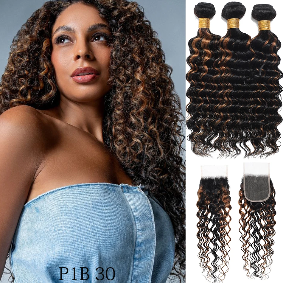 100% Burmese Human Hair Deep Curly With 4x4 HD Lace Clousure P1B 27 30 Highlight Ombre Deep Wave 2/3 Bundles With 4x4 Closure