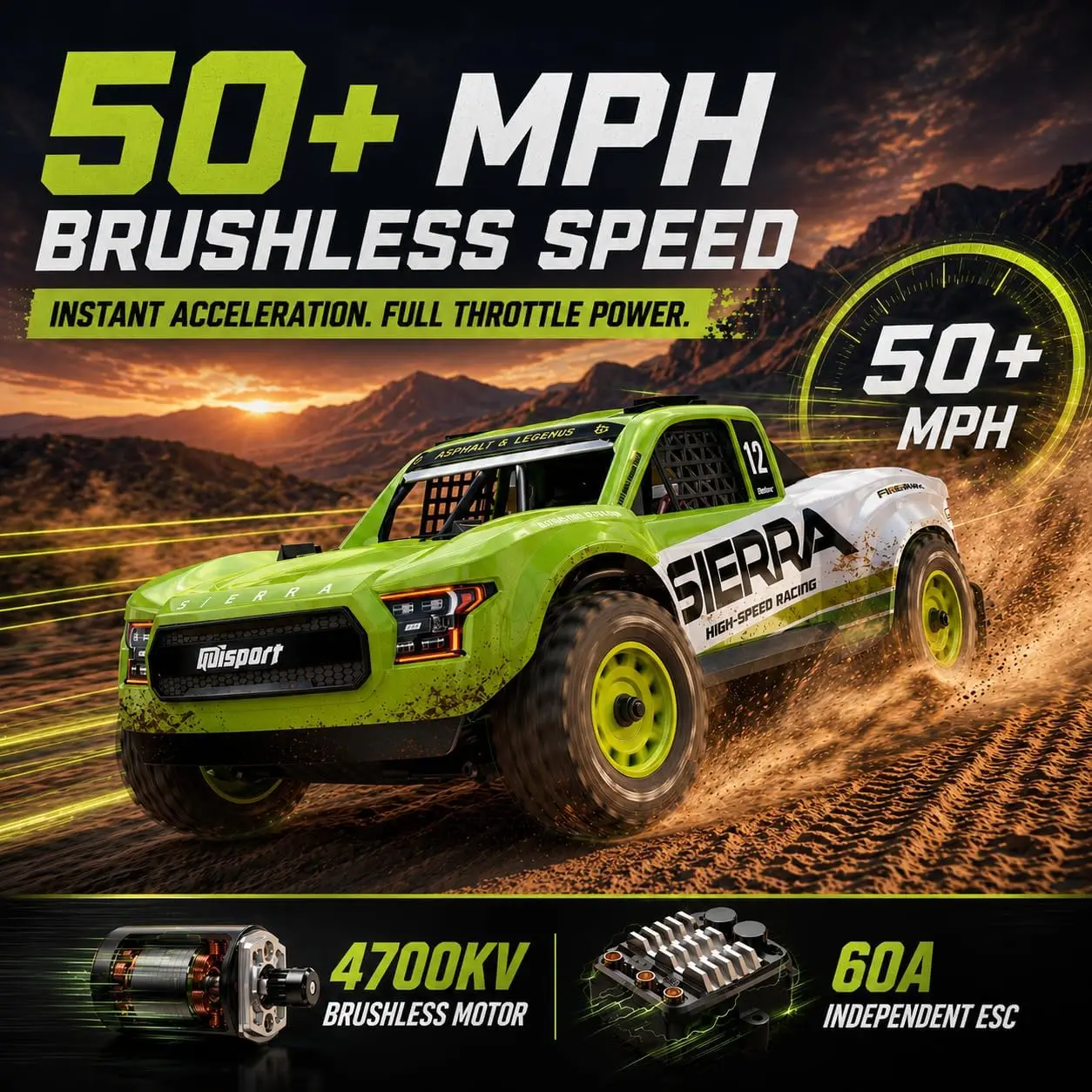 1/12 Scale Brushless RC Short Course Truck - 50 mph 3S Speed, 4WD All Terrain Desert Truck with Gyro and Center Diff, RTR with 3S Battery and 4-Color LED Lights for Adults