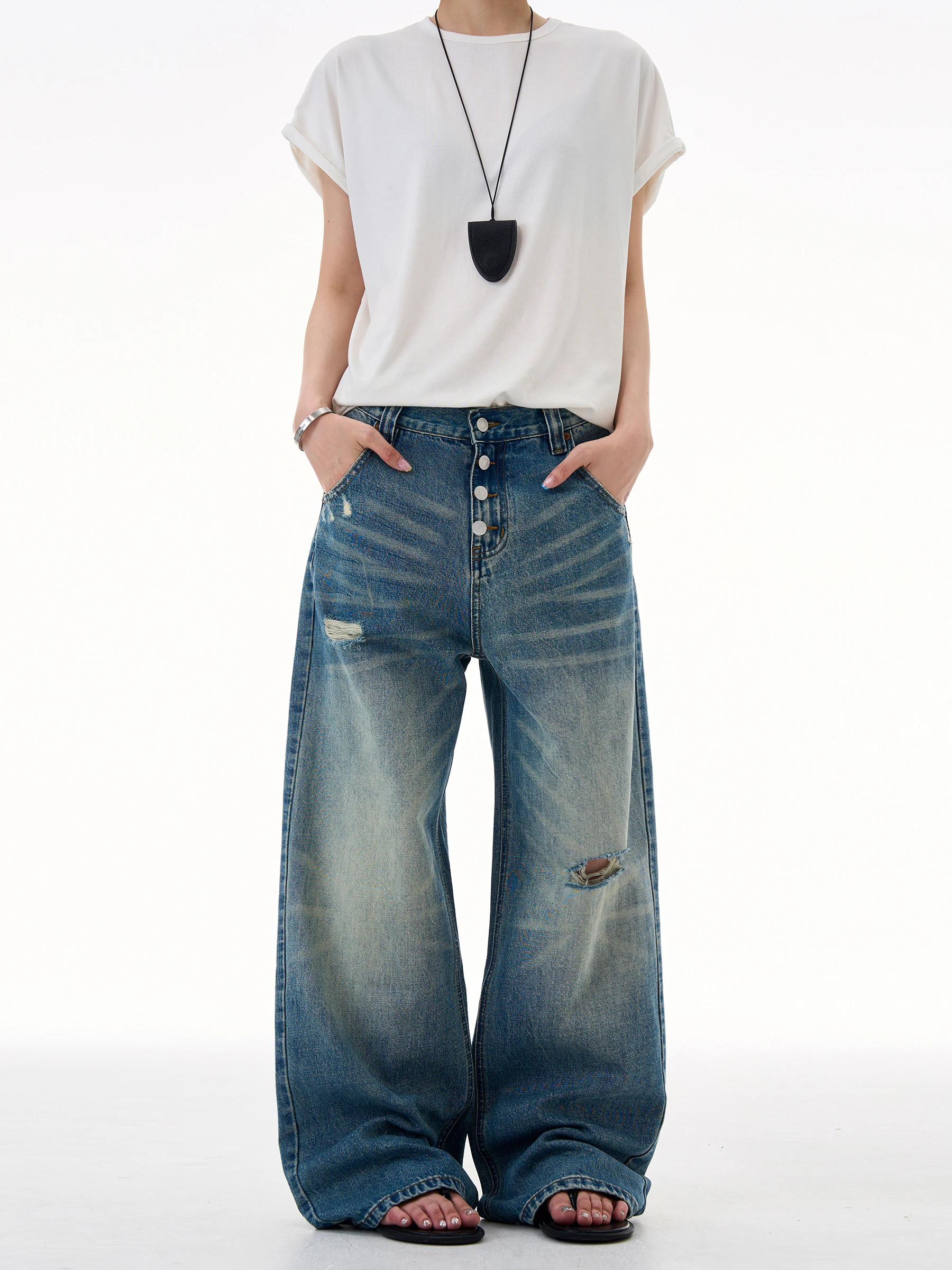 

Джинсы MADWITCH American Street с открытыми пуговицами и повседневными винтажными дизайнерскими брюками со средней талией и широкими штанинами