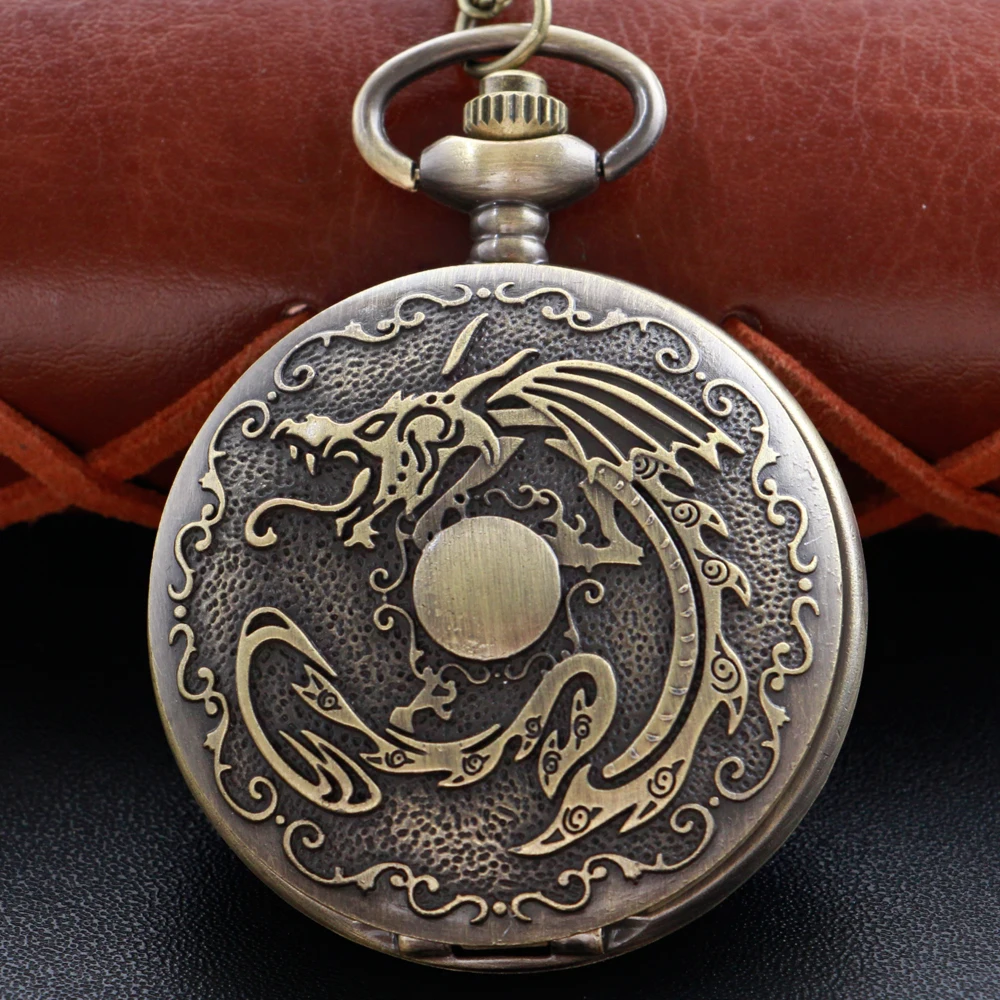 

New Classic Vintage Western Dragon Quartz Pocket Watch Arabic Digital Necklace Pendant Chain Men's and Women's Gift