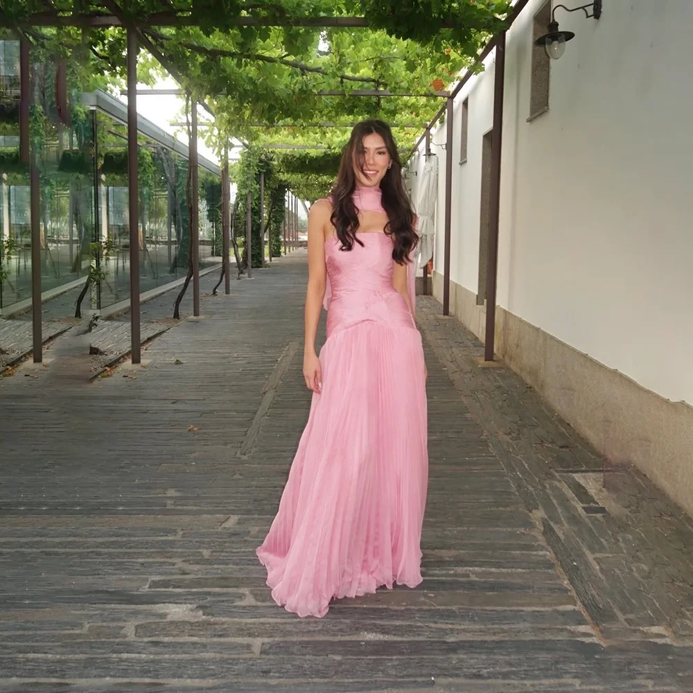 

Strapless Evening Dresses with Scarf Sleeveless Pleat Chiffon A Line Floor Length Elegant Women Formal Party Dress Customized