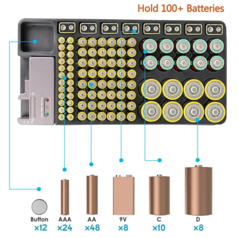 2022 New Battery Storage Organizer Holder with Tester Battery Caddy Rack Case Box Holders Including Battery Checker For AAA AA C