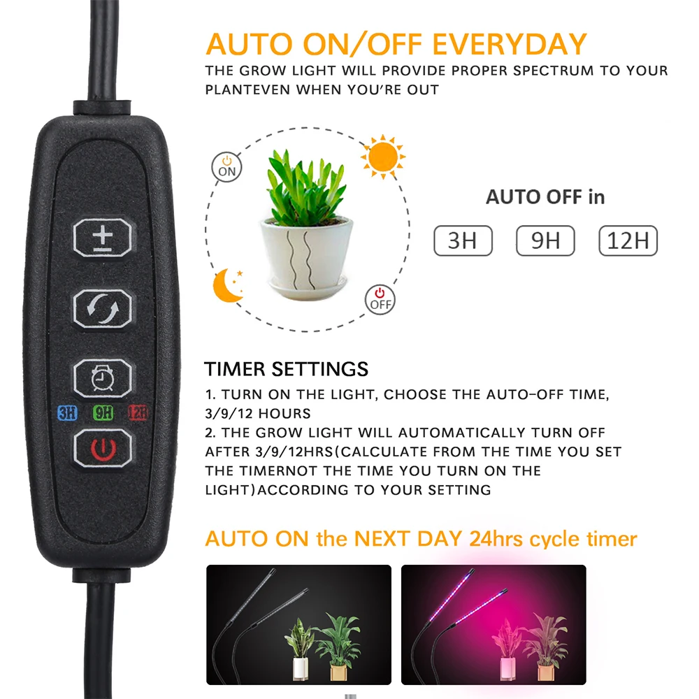 FTOYIN Led Grow Light With Clips Full Spectrum Upgraded Plant Light With 3/9/12H Timer 10 Dimmable Level For Indoor Plants