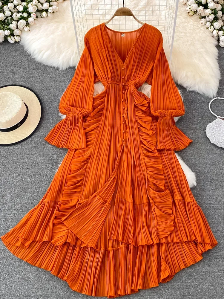 2024 Autumn New Holiday Style Ankle Length Long Dresses Women Sexy V Neck Puff Sleeve Lace Elegant Evening Party Summer Dress