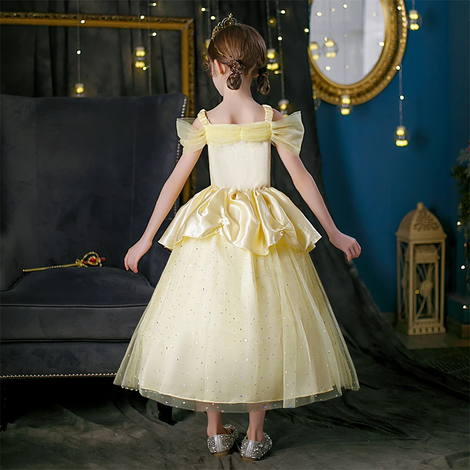 Verão fantasia beleza menina princesa belle vestido sem ombro flor fada meninas elegantes vestidos de festa halloween cosplay traje