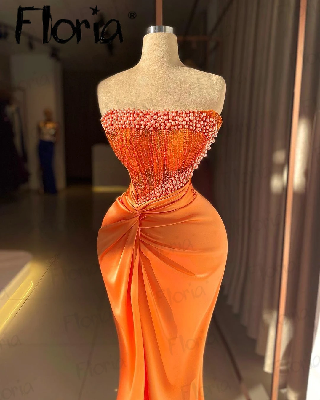 Abendkleider-vestido de fiesta naranja de talla grande para mujer, vestidos de cóctel con cuentas de perlas, vestidos de noche brillantes para boda, graduación, ropa de cumpleaños 202