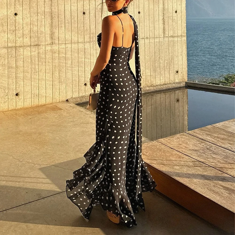 KONDALA エレガントな秋の水玉模様キャミワンピース レディース ラッフルヘム スカーフ付きロングワンピース 最新ファッション 夏 カジュアル ビーチ ホリデー 女性用ドレス