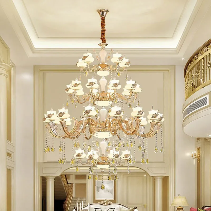 for European Style Zinc Alloy Crystal Chandelier for Duplex Villa Staircase Long Pendant Light for Middle Floor Large LED