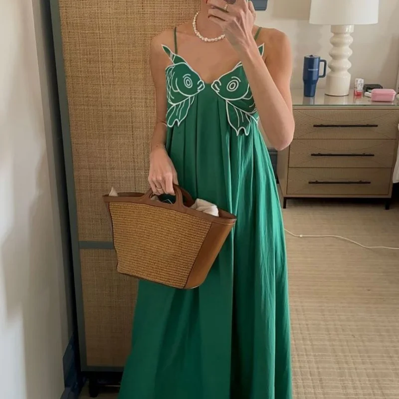 สตรี Y2K ปลา Koi Cami ชุด 3D ปลาแขนกุดเอวสูงชุดเดรสยาวอินเทรนด์ออกไป Sundress Streetwear