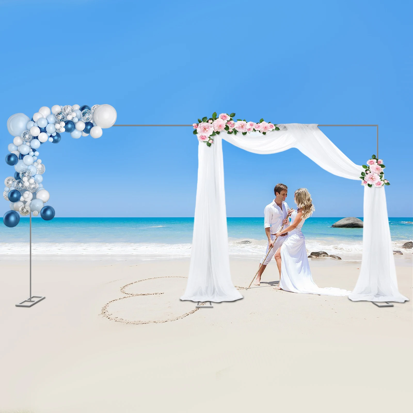 

Adjustable 3x6m Wedding Backdrop Stand & Metal Flower Stand, Heavy Duty Silver Frame with Base for Events