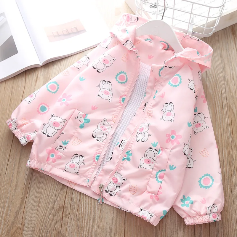 2024 New Spring Summer Kids Windbreaker Jacket For Girls Fashion Trench Coat Cute Cartoon Hooded Children Outwear Clothes