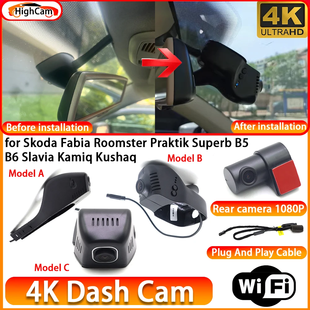 for Skoda Fabia Roomster Praktik Superb B5 B6 Slavia Kamiq Kushaq OEM 4K DVR Dash Cam Front Rear Camera WiFi Video Recorder