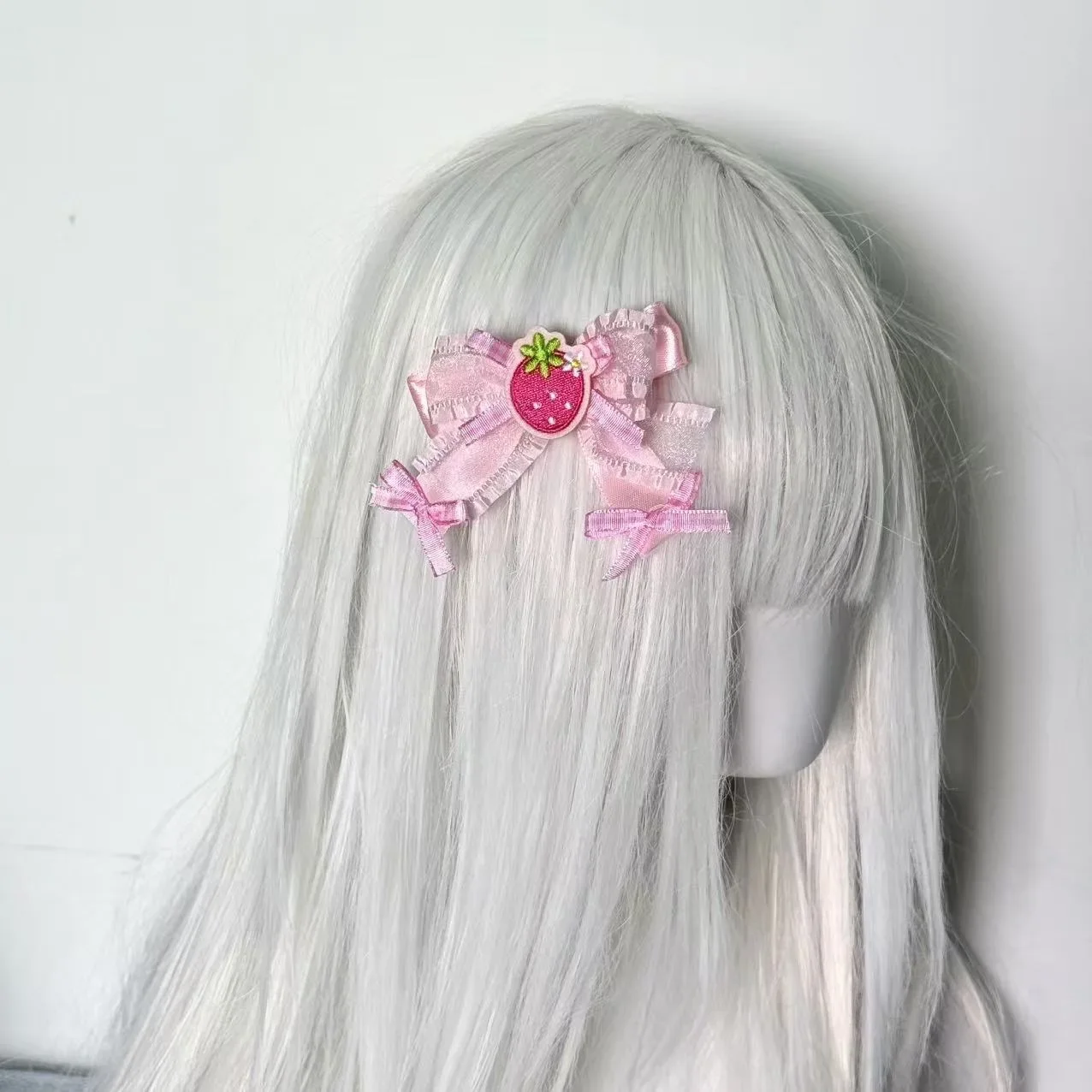 Cute Pink Ribbon Fabric Bow Sweet Strawberry Hairpins Lolita Girls Hair Clips Bowknot Barrettes Accessories Hairclips Headdress