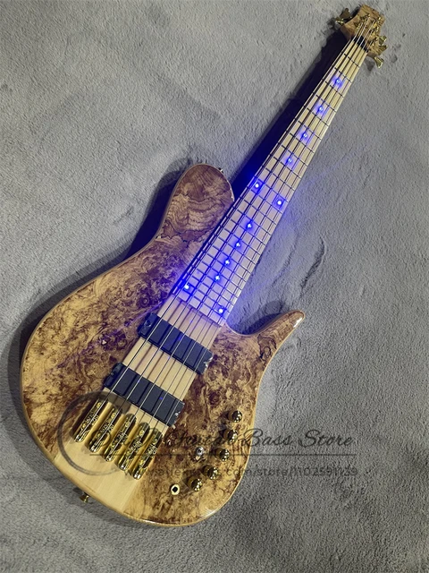 5 Strings Bass Guitar LED Inlay Maple Neck Though ASH Wood Body Burl Maple  Top Fixed Bridge Gold Tuners Active Battery Pre Sale