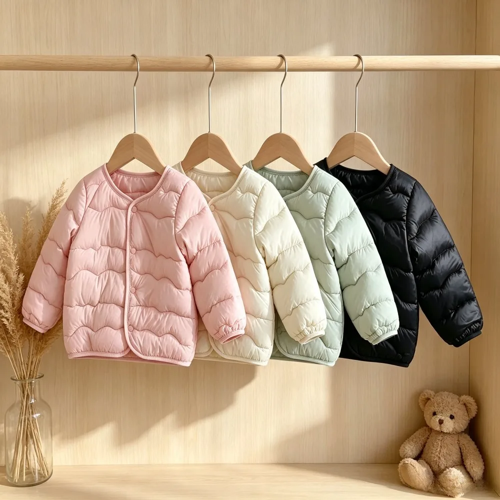Kids Lightweight Padded Inner Jacket Snap Button Crew Neck Quilted Coat Boys Girls Versatile Warm Base Layer for School Uniform