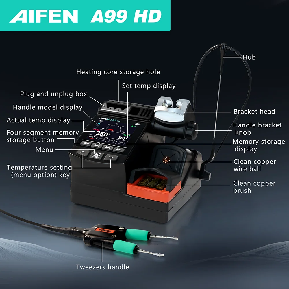 AIFEN-A99HD精密ピンセットはんだ付けステーション ダブルヘッドクリップ式はんだごて 210/245ハンドル はんだ付けリワークステーション