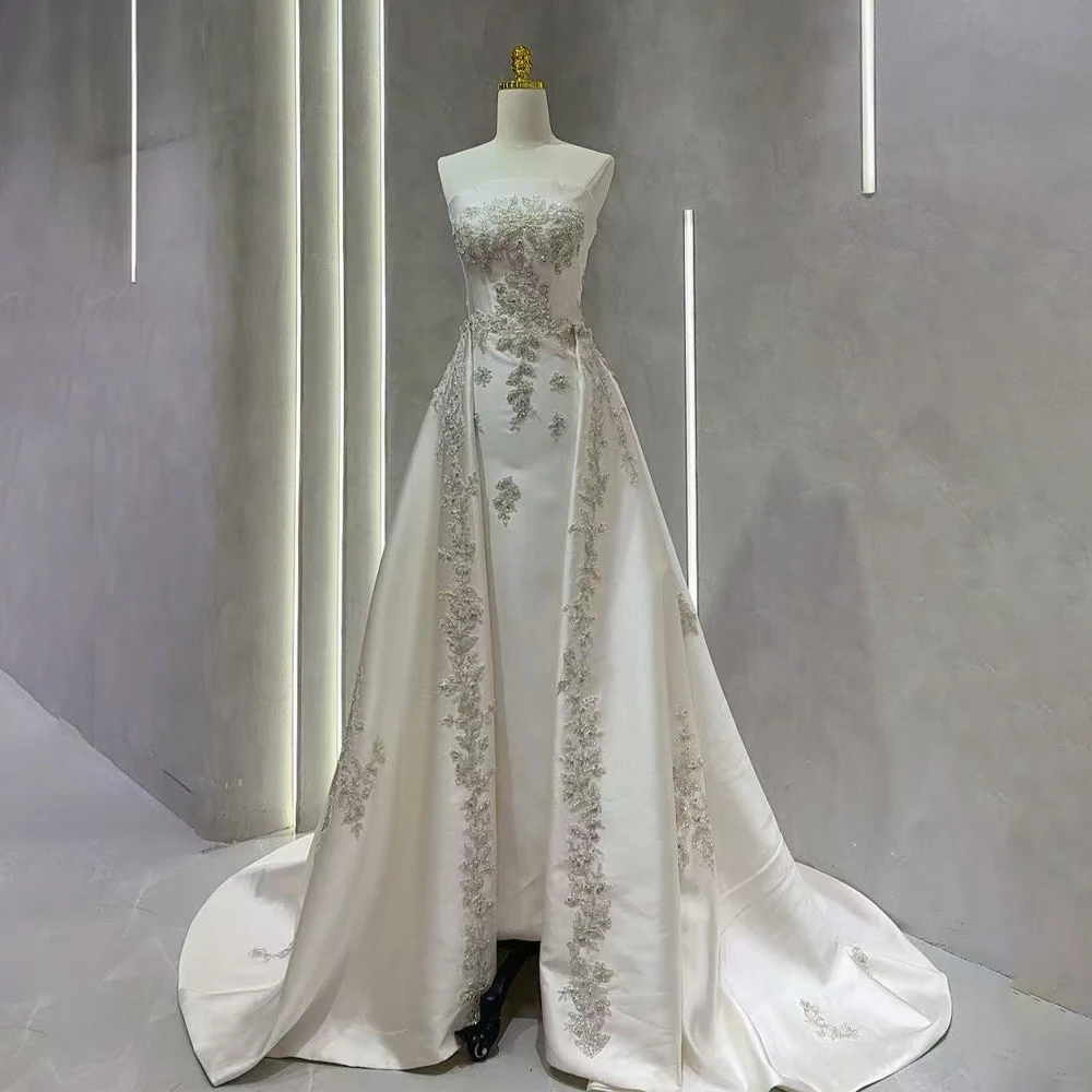 

Mermaid Wedding Dresses Detachable Sweep Train Beading Appliques Strapless Princess Bridal Gown Customized Vestidos De Novia