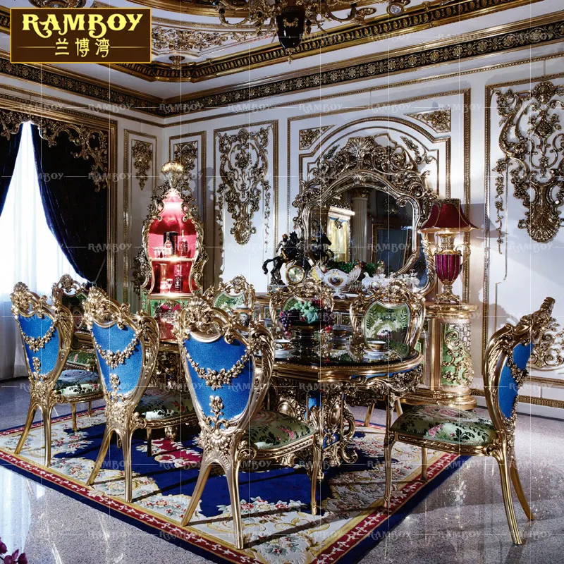 Luxury European heavy industry carved solid wood dining table and chair combination of Italian court luxury dining table