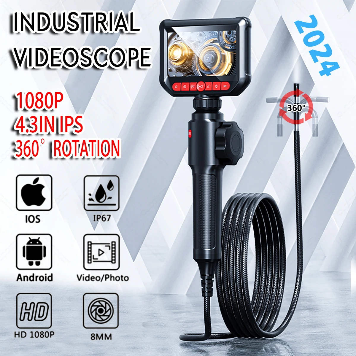 8mm 1080P 360 Car Piping Rotary Automotive Boroscope Video Piping Endoscope Ingoscope With Articulation Camera Inspection Device